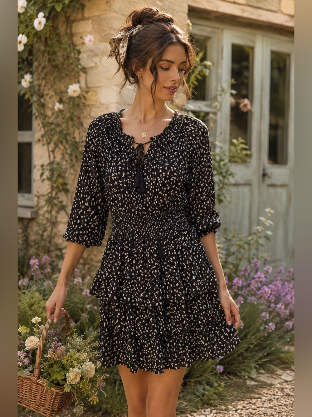 PATRONS OF PEACE $128 Black Floral Smocked Peasant Mini Dress Tassel Rayon Sz S